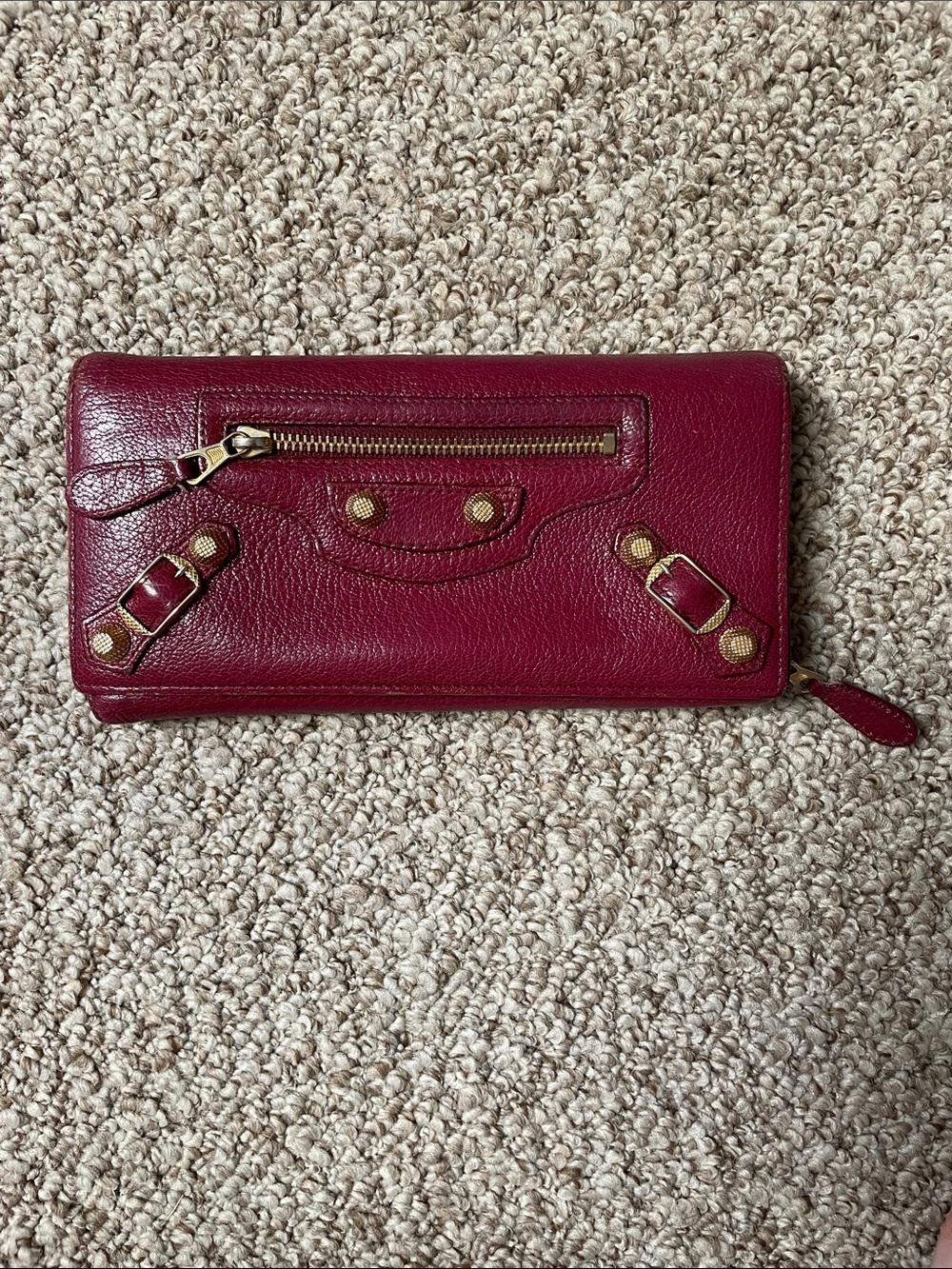 Zip-Around Burgundy Balenciaga Leather Wallet with Gold Hardware